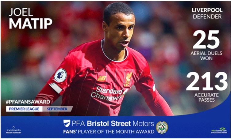 Liverpool's Joel Matip Wins Premier League Player of the Month for Sept