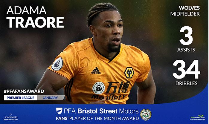 Wolves' Adama Traore Wins Bristol Street Motors Fans' Player of the Month Award