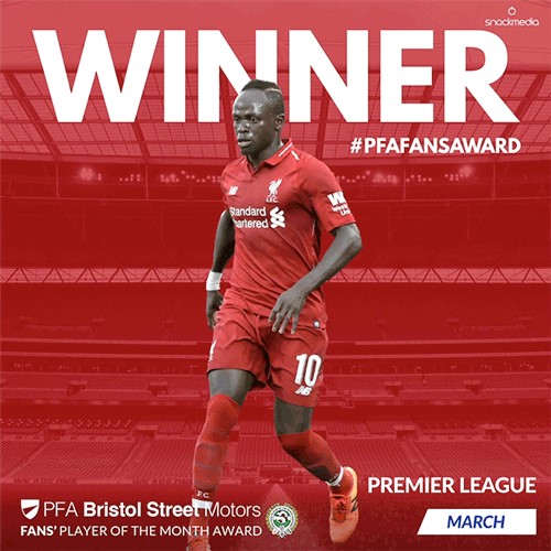 Liverpool's Sadio Mane Wins Premier League PFA BSM Fans' Player of the Month