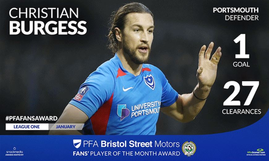 Pompey's Christian Burgess Wins PFA Bristol Street Motors Fans' Player Award