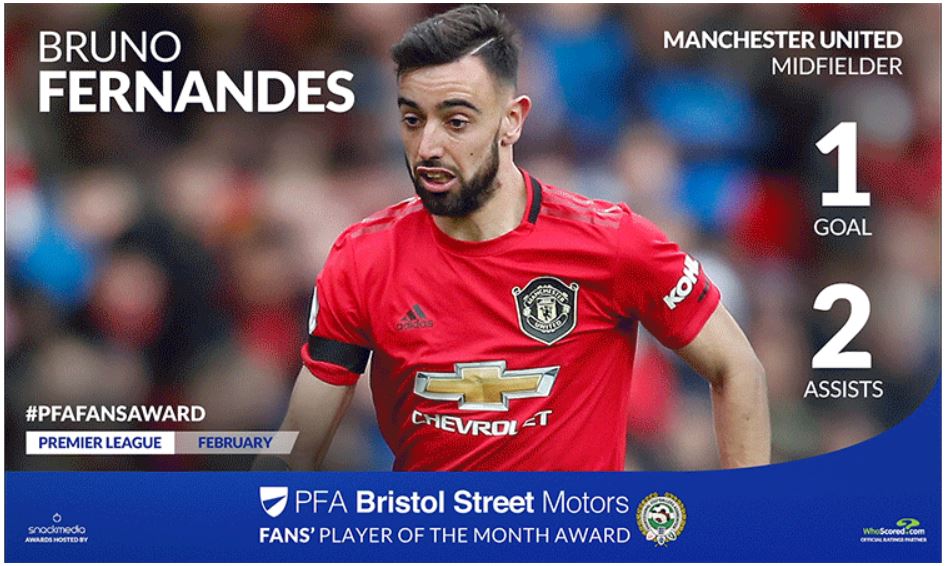 Manchester United's Bruno Fernandes Wins PFA Bristol Street Fans' Player Award