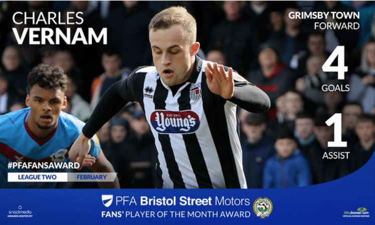 Grimsby's Charles Vernam Wins PFA Bristol Street Motors Fans' Player Award