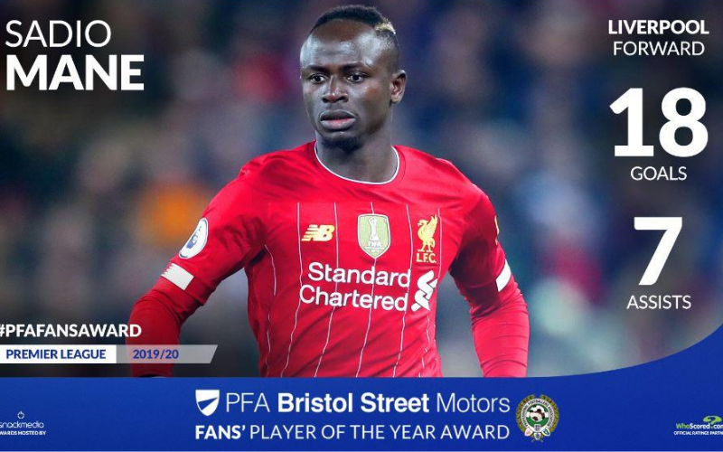 Liverpool's Sadio Mane Wins PFA Bristol Street Motors Fans' Player Award